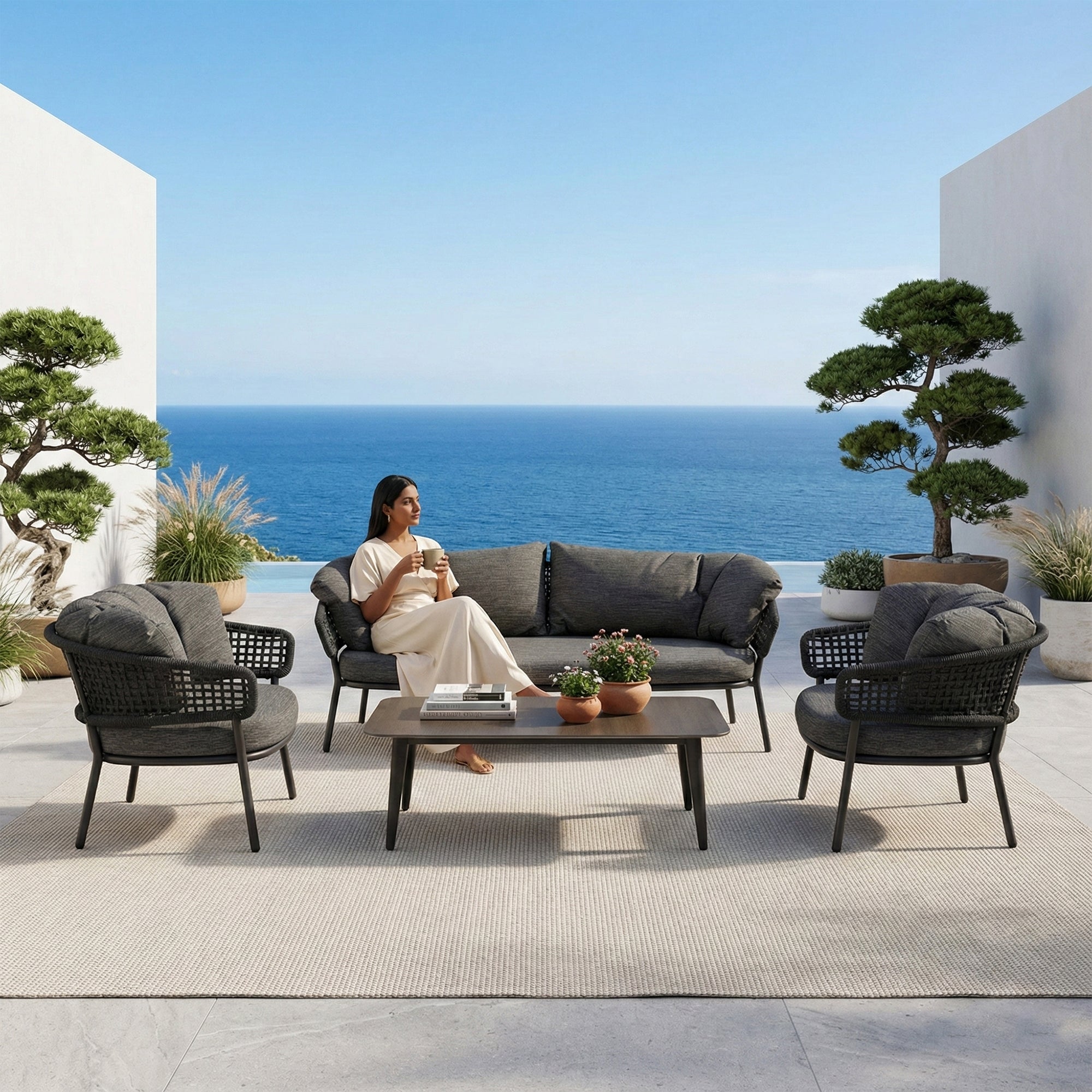 Puff Outdoor Sofa Set 3 Seater , 2 Single seater and 1 Center Table Set (Black) Braided & Rope