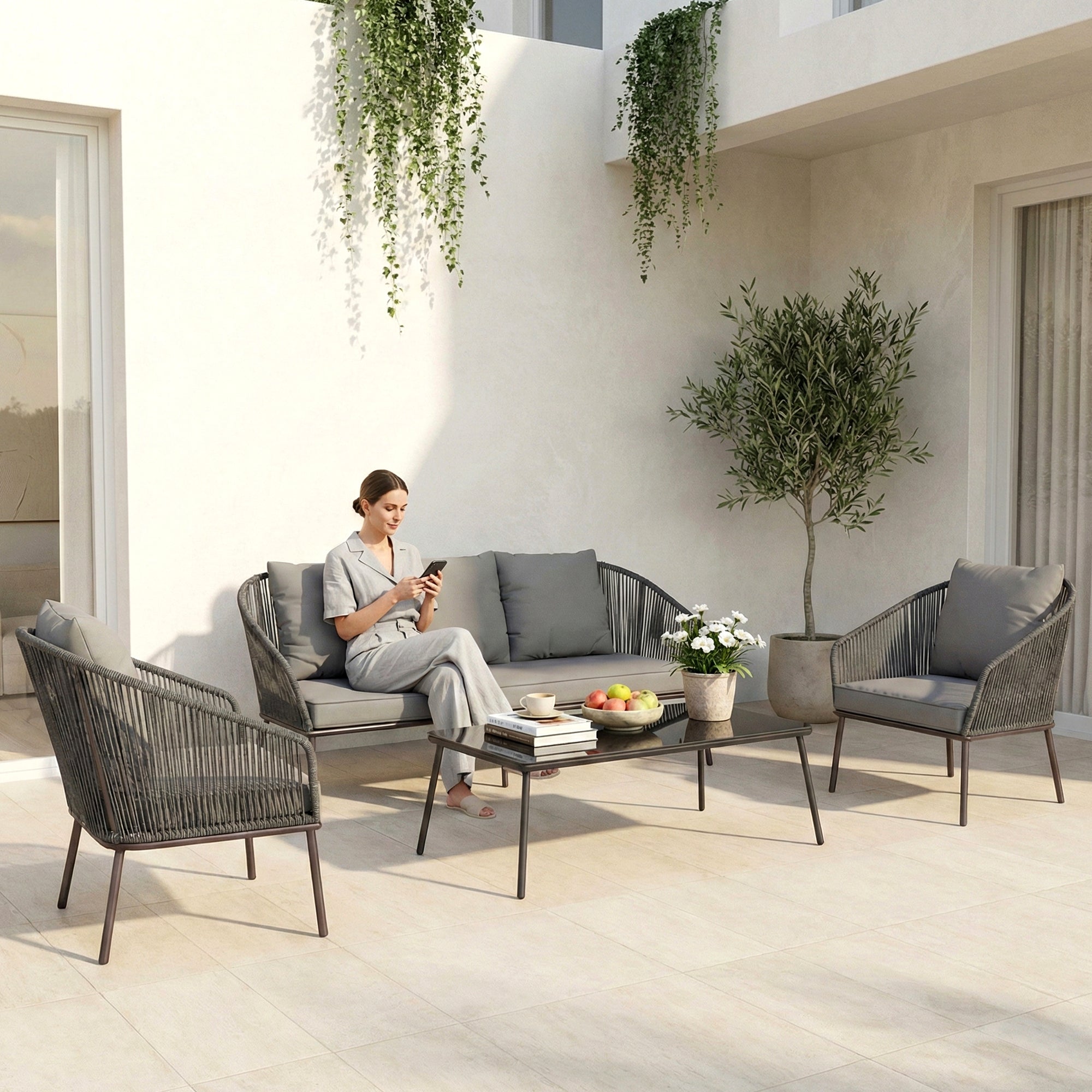Shed Outdoor Sofa Set 3 Seater , 2 Single seater and 1 Center Table Set (Dark grey) Braided & Rope
