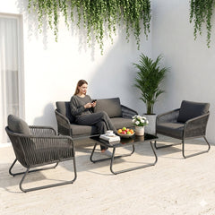 Casu Outdoor Garden Balcony Sofa Set 2 Seater, 2 Single seater and 1 Center Table Set, Braid & Rope (Grey)