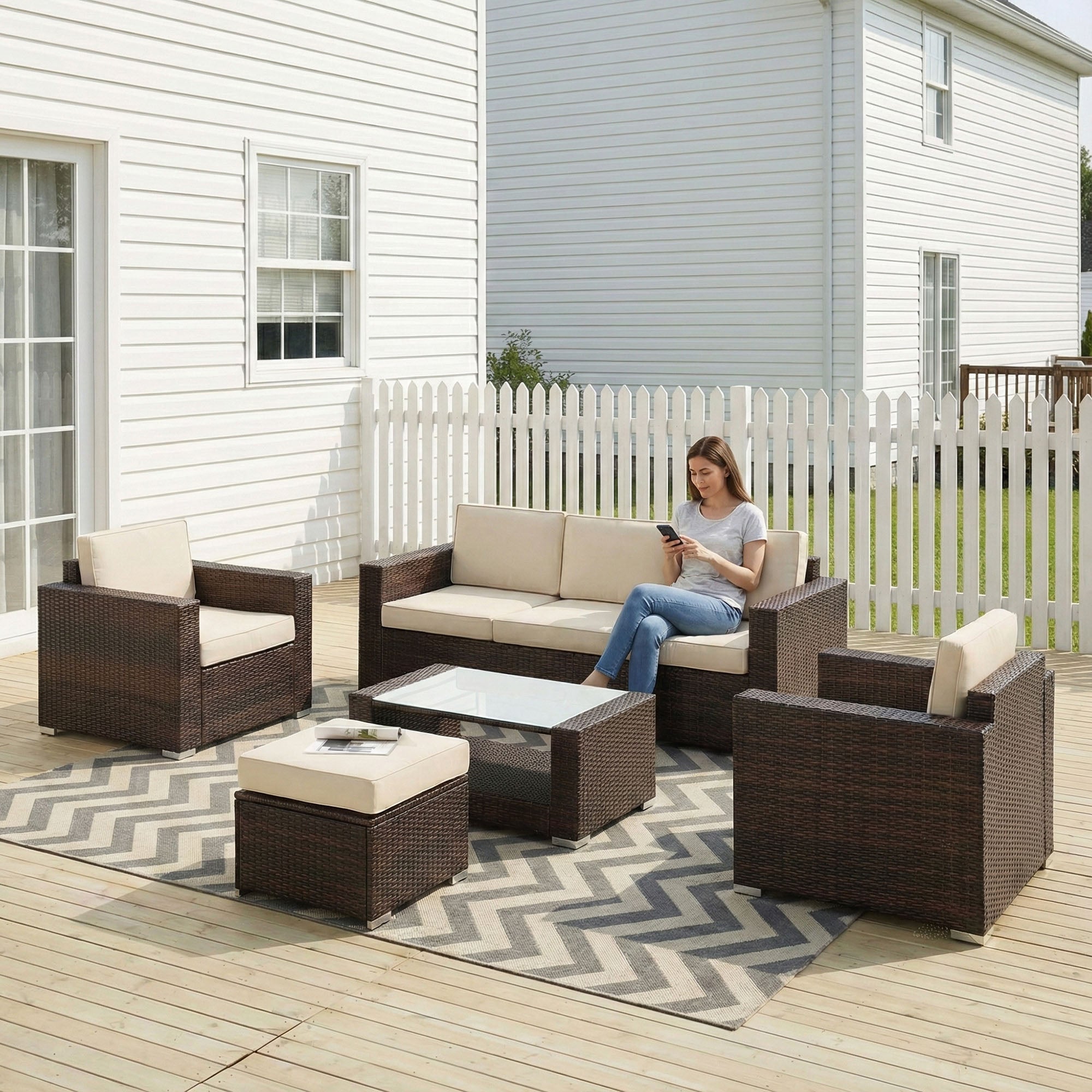 Jovis Outdoor Garden Balcony Sofa Set 3 Seater, 2 Single seater With 1 Ottoman and 1 Center Table Set (Brown)