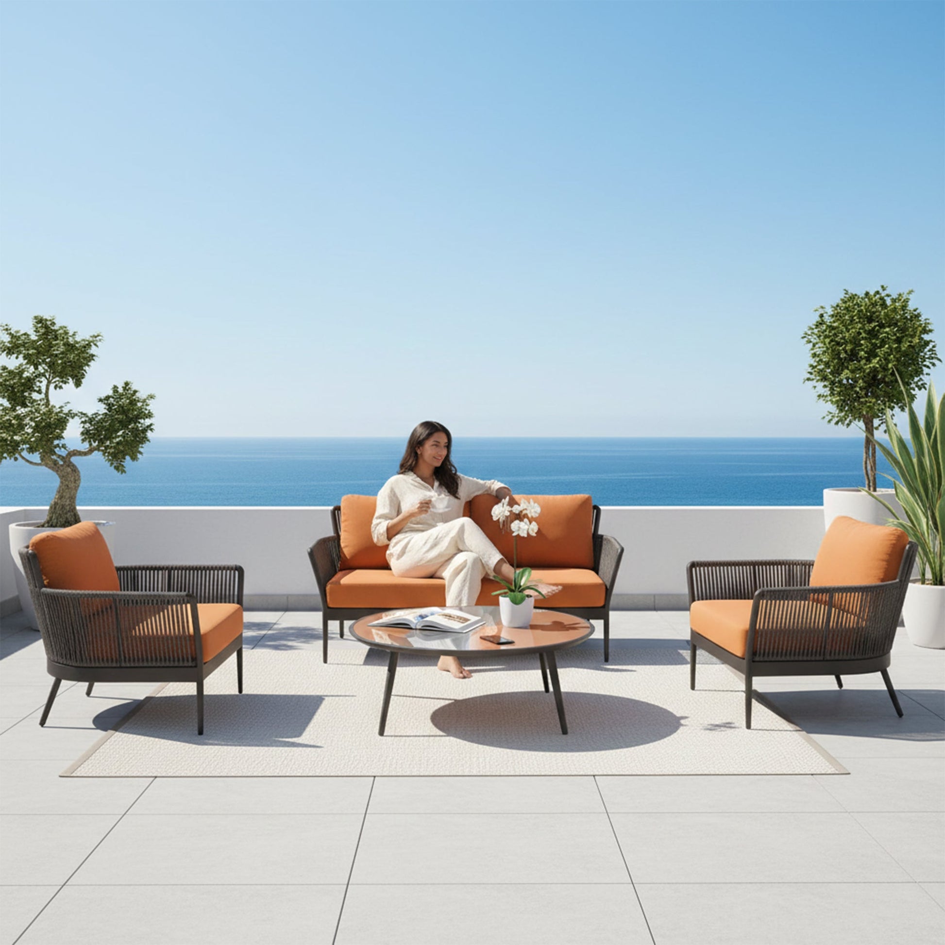 Rua Outdoor Garden Balcony Sofa Set 2 Seater , 2 Single Seater 1 Center Table Set (Dark Grey) Braided and Rope