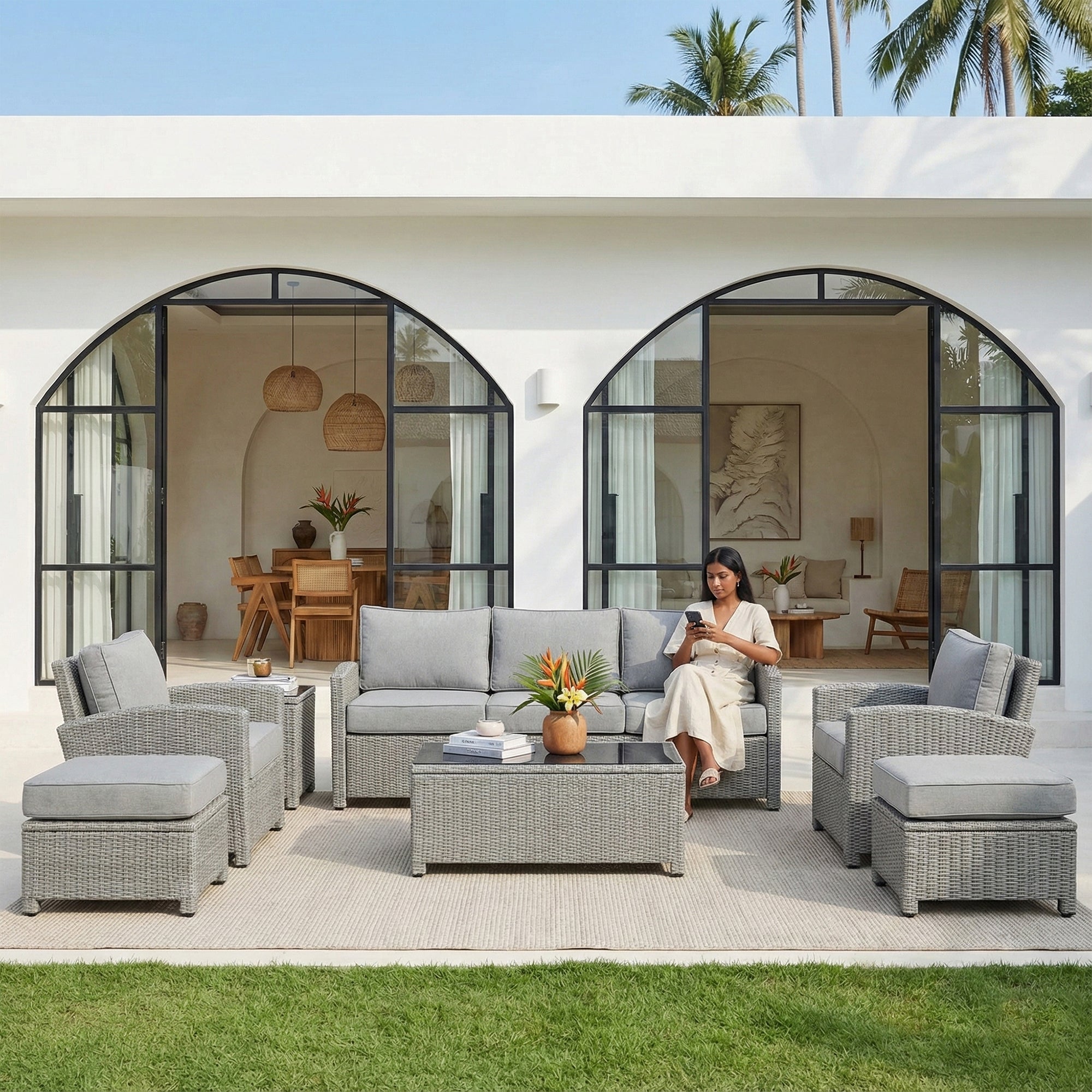 Bien Outdoor Garden Balcony Sofa Set 3 Seater, 2 Single seater, 2 Ottoman and 1 Center Table Conversation Set (Grey)