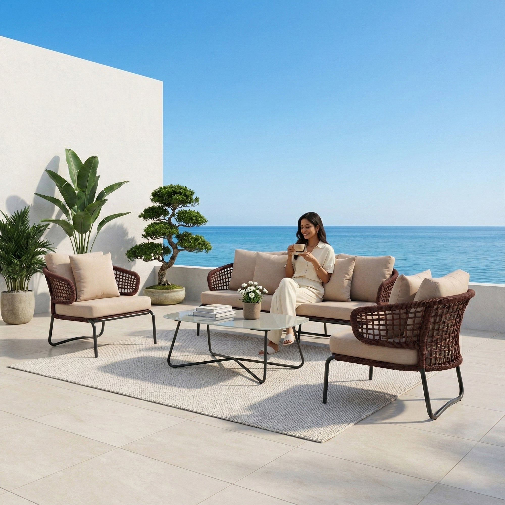 Riba Outdoor Sofa Set 3 Seater , 2 Single seater and 1 Center Table Set (Cream) Braided & Rope