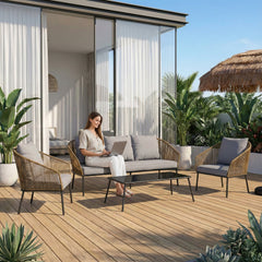 Goons Outdoor Sofa Set 3 Seater , 2 Single seater and 1 Center Table Set (Khaki) Braided & Rope