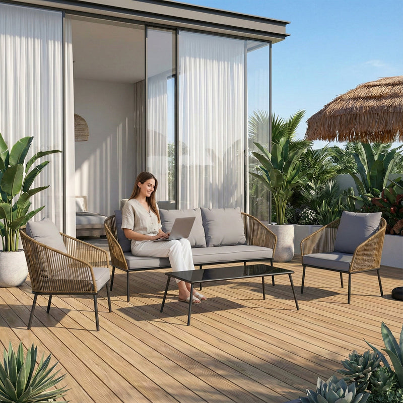 Goons Outdoor Sofa Set 3 Seater , 2 Single seater and 1 Center Table Set (Khaki) Braided & Rope