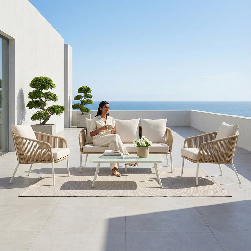 Rumi Outdoor Garden Balcony Sofa Set 3 Seater , 2 Single Seater 1 Center Table Set (White-Beige) Braided and Rope