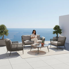 Tanza Outdoor Garden Balcony Sofa Set 2 Seater , 2 Single Seater 1 Center Table Set (Dark Grey) Braided and Rope