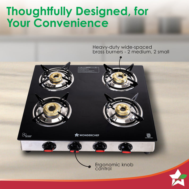 Wonderchef Galaxy Auto-Ignition 4 Brass Burner Gas Stove, LPG Gas Stove for Kitchen, No Lighter Needed, ISI Toughened Gl