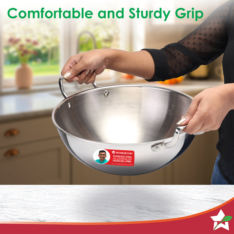 Stella Triply Stainless Steel Kadhai with Lid | 24 cm, 3 Litres | Compatible with Gas Stove, Induction, Ceramic Cooktop | Non-toxic | Uniform Heating | Heavy-duty Handle | 10-year Warranty