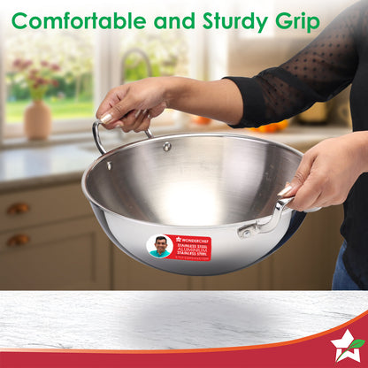 Stella Triply Stainless Steel Kadhai with Lid | 28 cm, 4.5 Litres | Compatible with Gas Stove, Induction, Ceramic Cooktop | Non-toxic | Heavy-duty Handle | 10-year Warranty