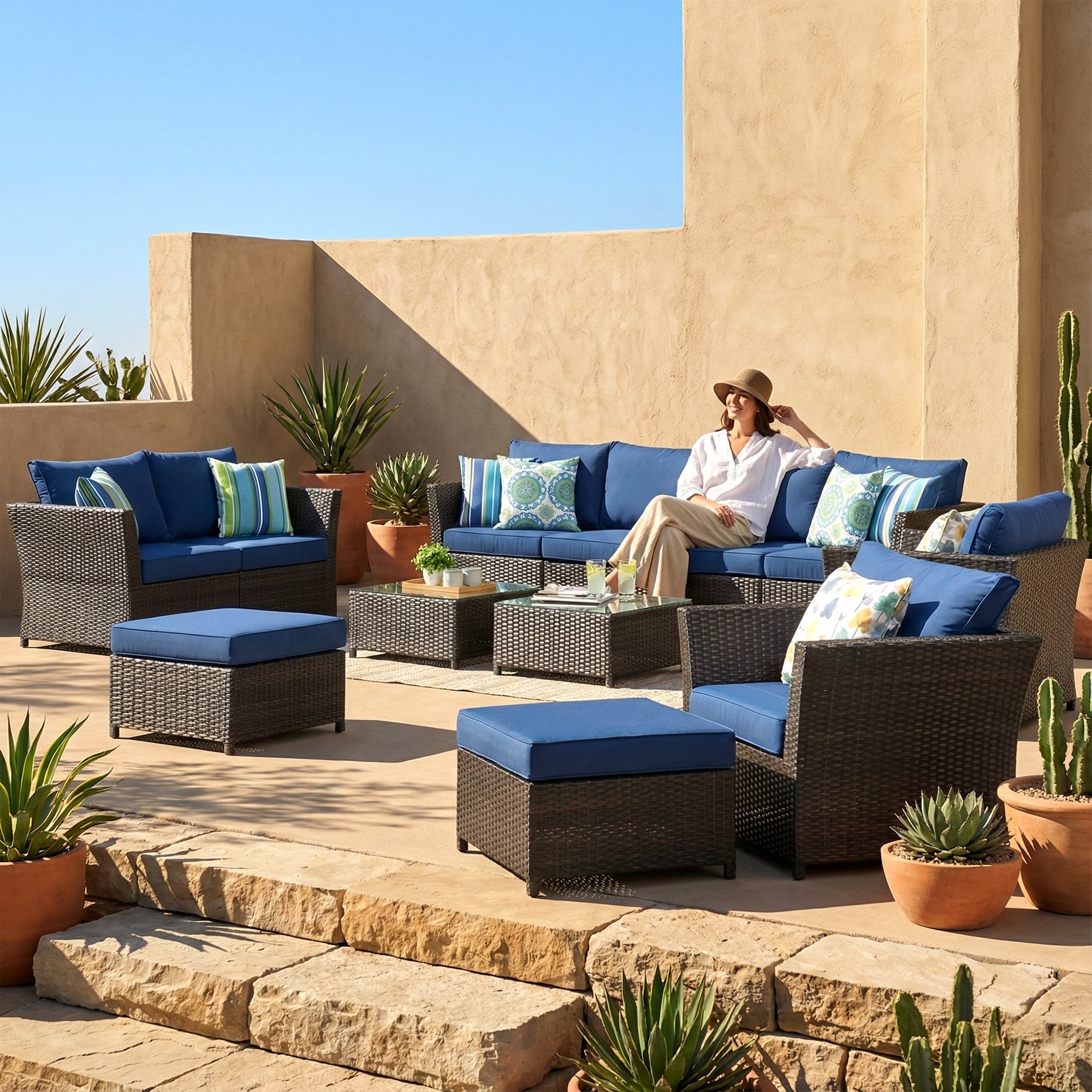 Nura Outdoor Garden Balcony Sofa Set  4 Seater, 2 seater,  2 Single Seater with 2 ottoman and 2 Center Table Set (Brown)