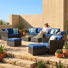 Nura Outdoor Garden Balcony Sofa Set  4 Seater, 2 seater,  2 Single Seater with 2 ottoman and 2 Center Table Set (Brown)