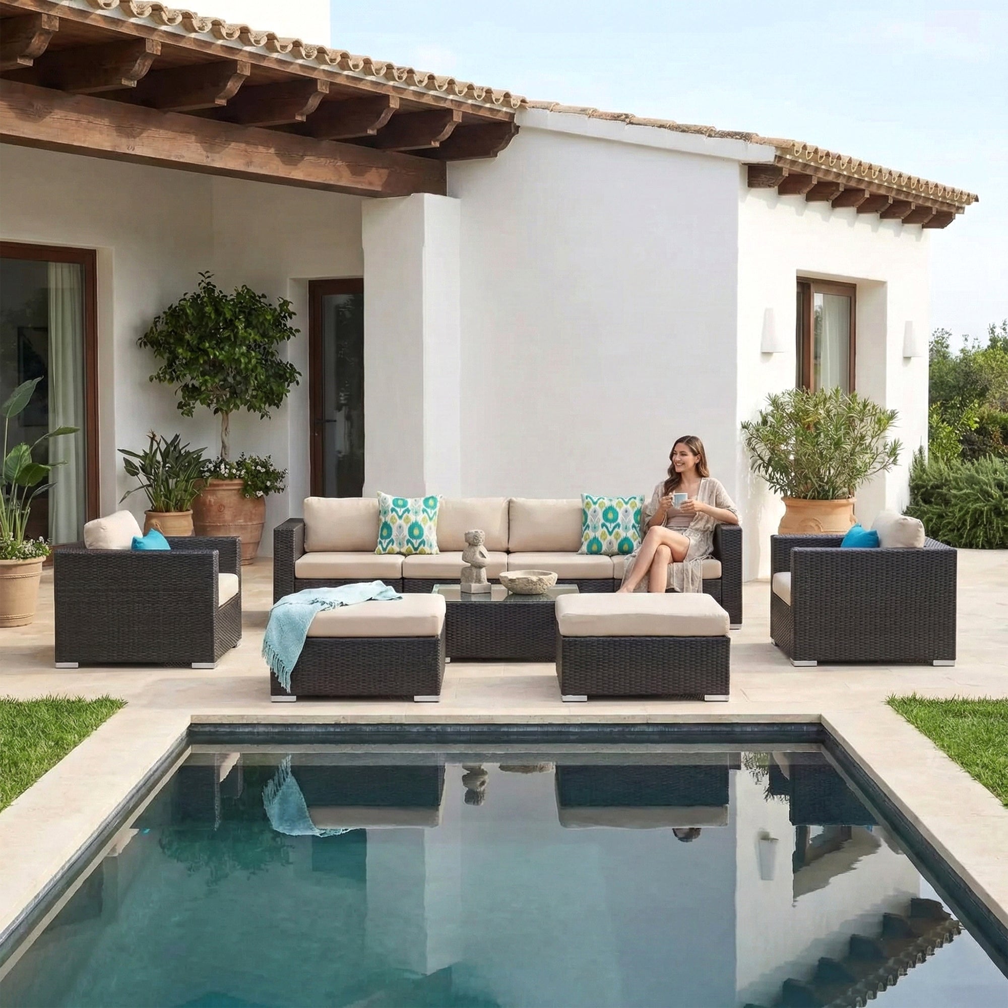 Mimi Outdoor Garden Balcony Sofa Set  4 Seater, 2 Single Seater with 2 ottoman and 1 Center Table Set (Brown)