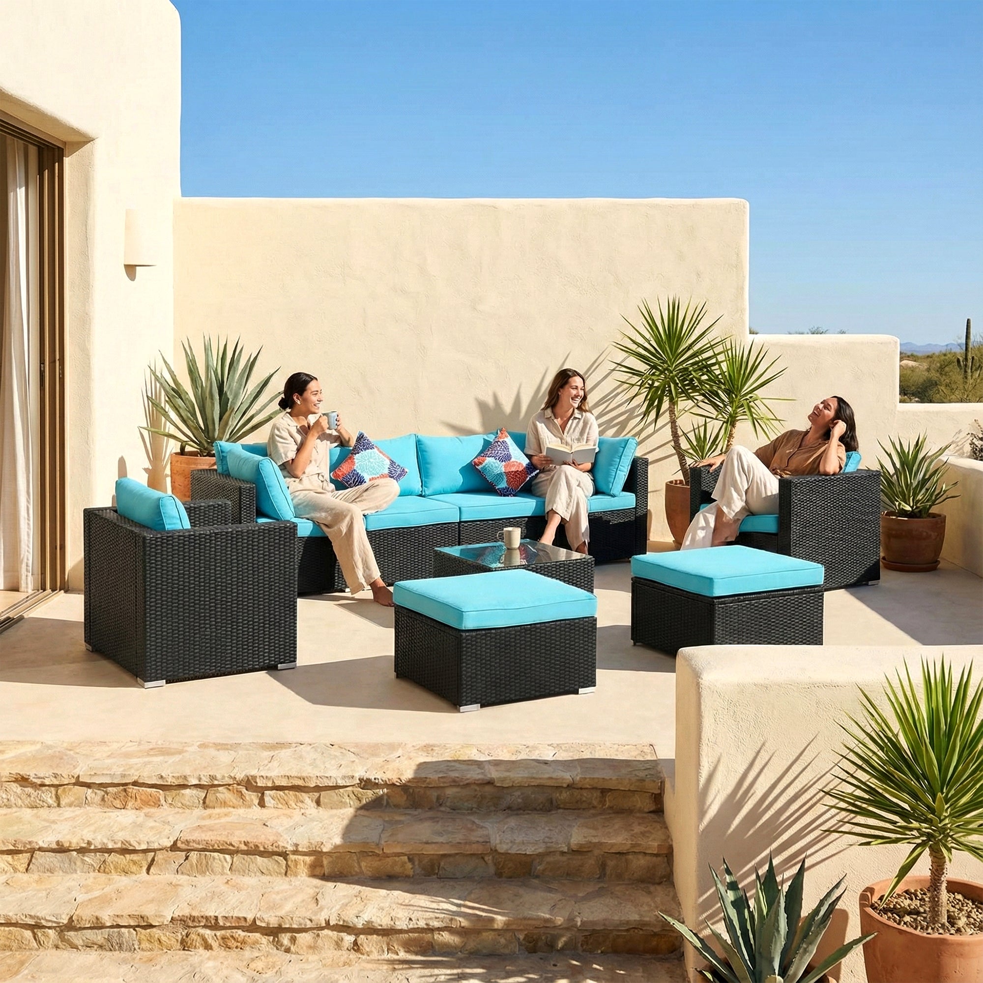 Elesta Outdoor Garden Balcony Sofa Set  4 Seater, 2 Single Seater with 2 ottoman and 1 Center Table Set (Black)