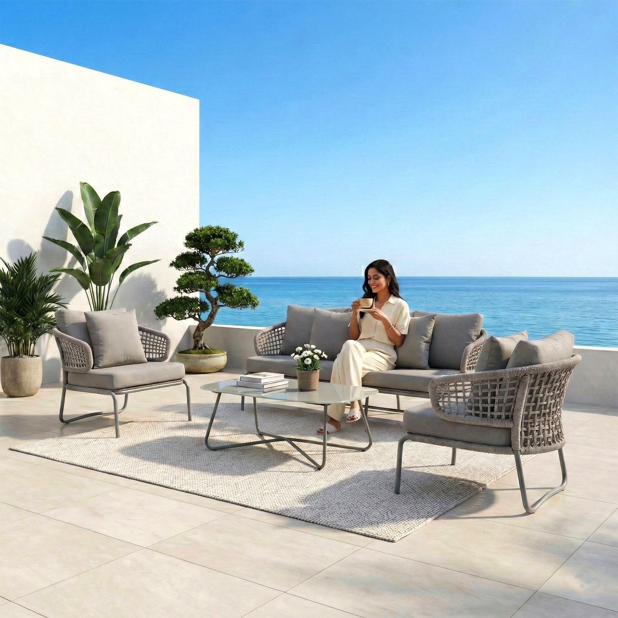 Velory Outdoor Sofa Set 3 Seater , 2 Single seater and 1 Center Table Set (Grey) Braided & Rope