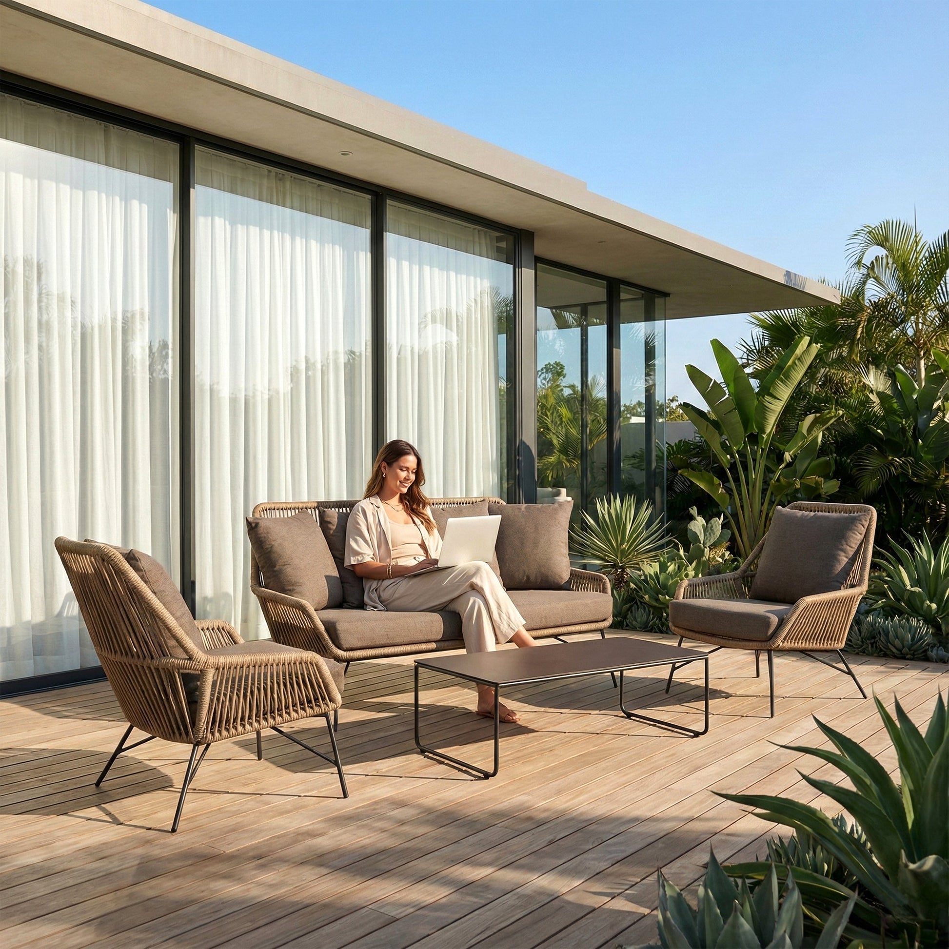 Zalit Outdoor Garden Balcony Sofa Set 3 Seater , 2 Single Seater 1 Center Table Set (Browm-Beige) Braided and Rope