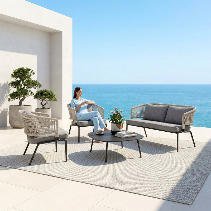 perola Outdoor Garden Balcony Sofa Set 2 Seater , 2 Single Seater 1 Center Table Set (Grey-Beige) Braided and Rope