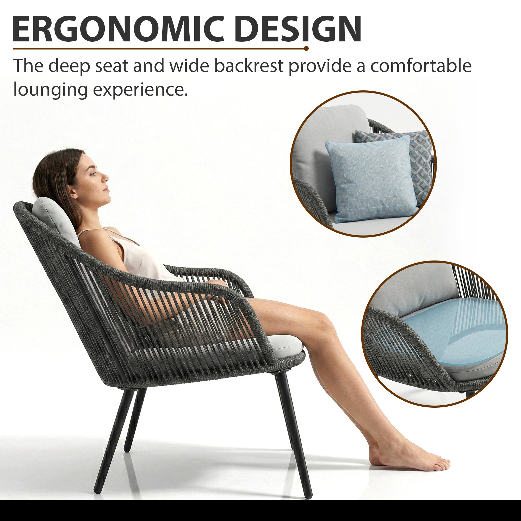 Conti Outdoor Patio Seating Set 2 Chairs and 1 Table Set (Grey) Braided & Rope