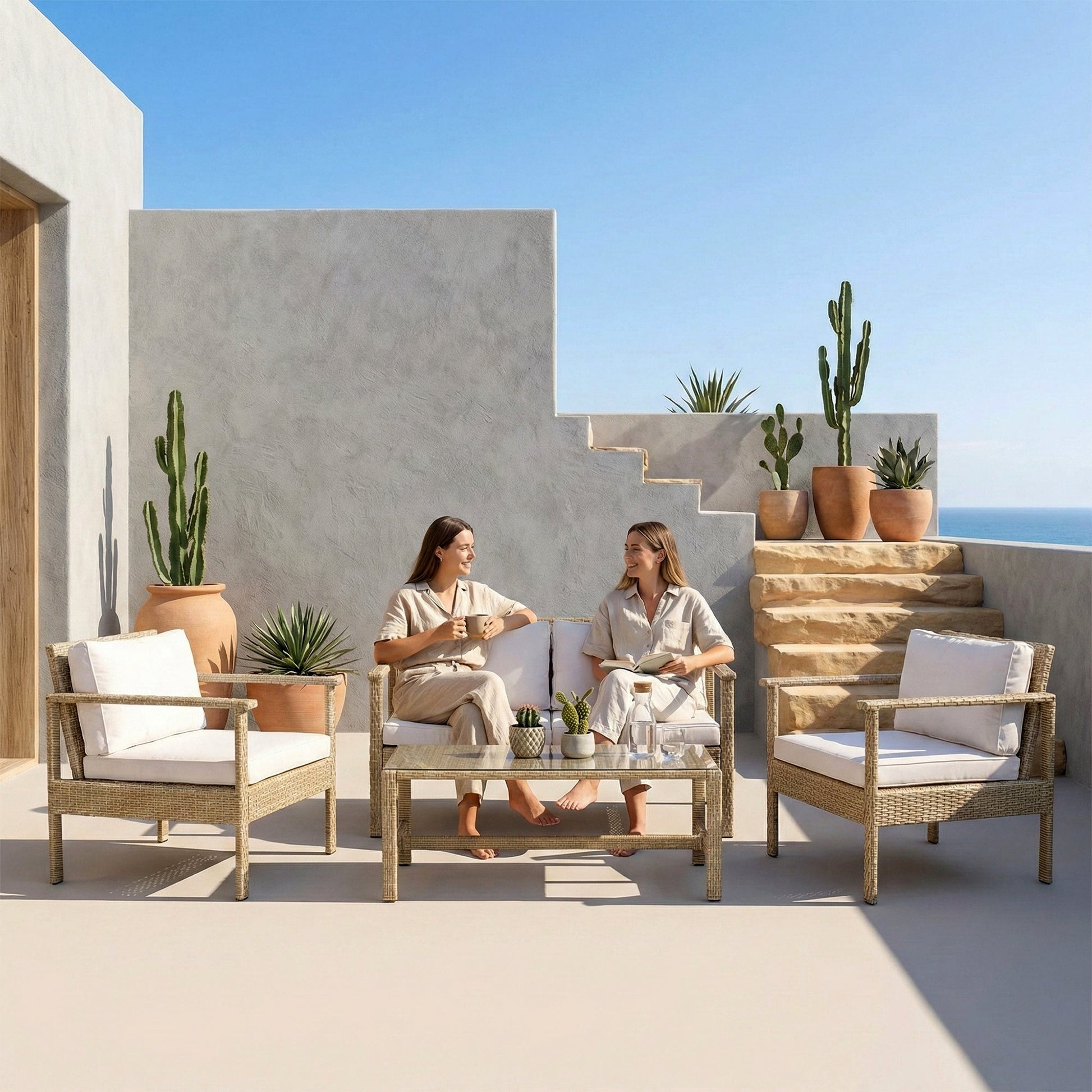 Mesa Outdoor Garden Balcony Sofa Set 2 Seater , 2 Single Seater 1 Center Table Set (Cream)