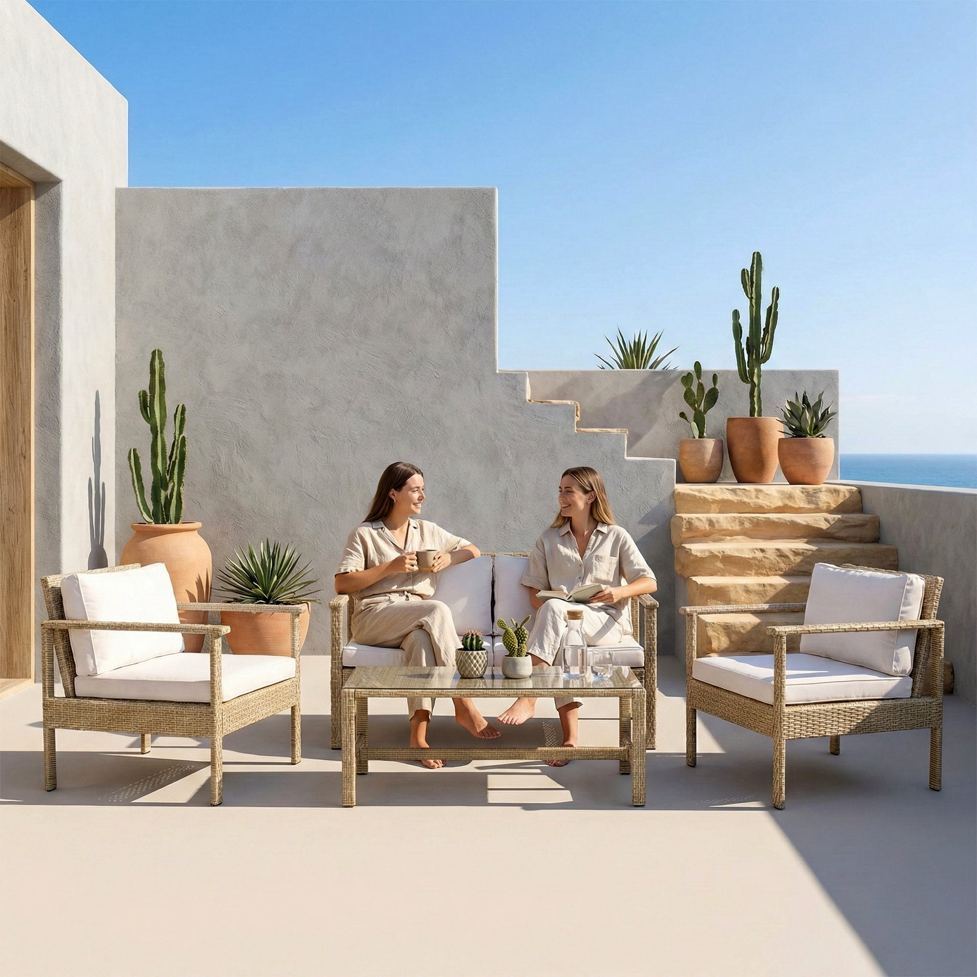 Mesa Outdoor Garden Balcony Sofa Set 2 Seater , 2 Single Seater 1 Center Table Set (Cream)
