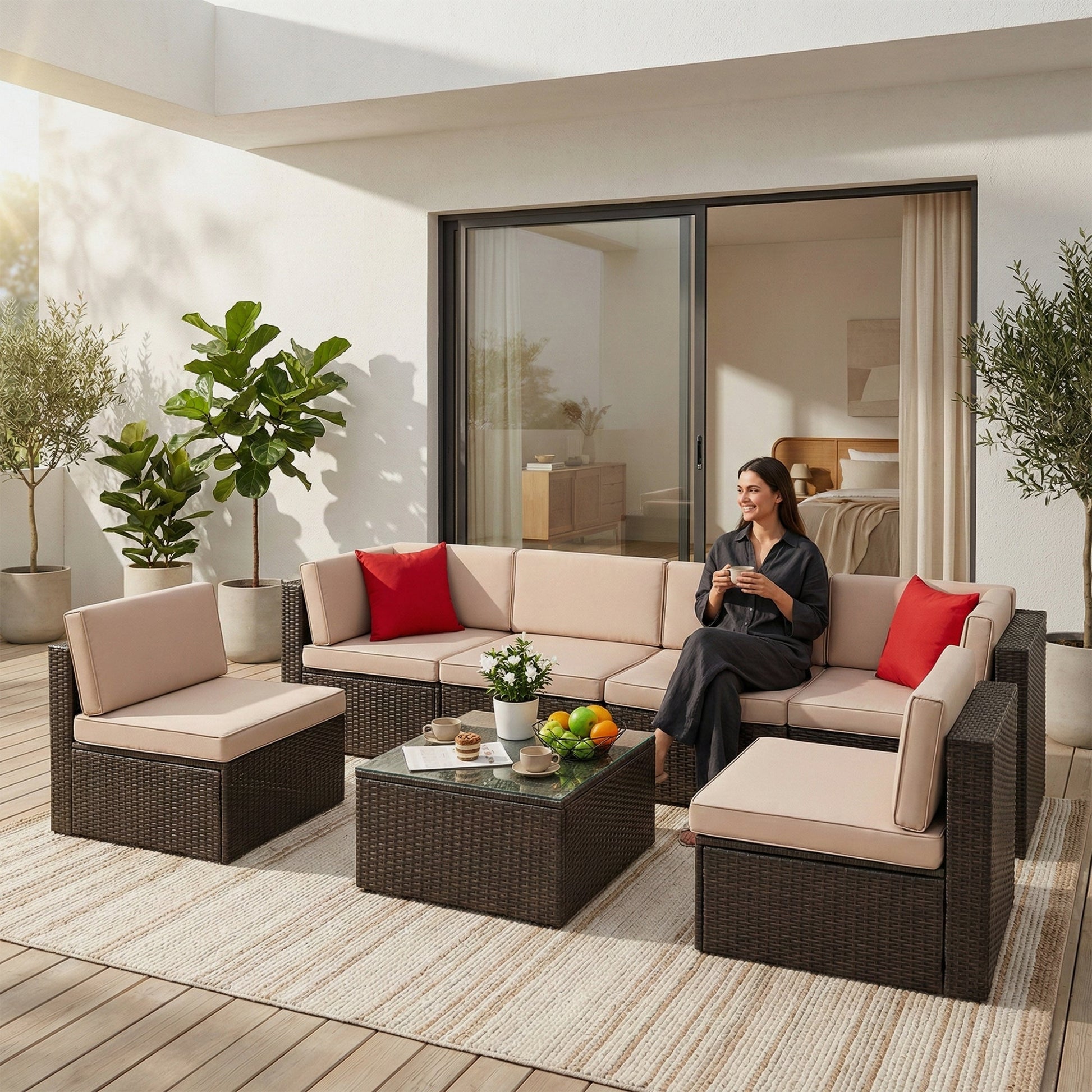 Carni Outdoor Patio Sofa Set 6 seater and 1 Center Table (Brown)