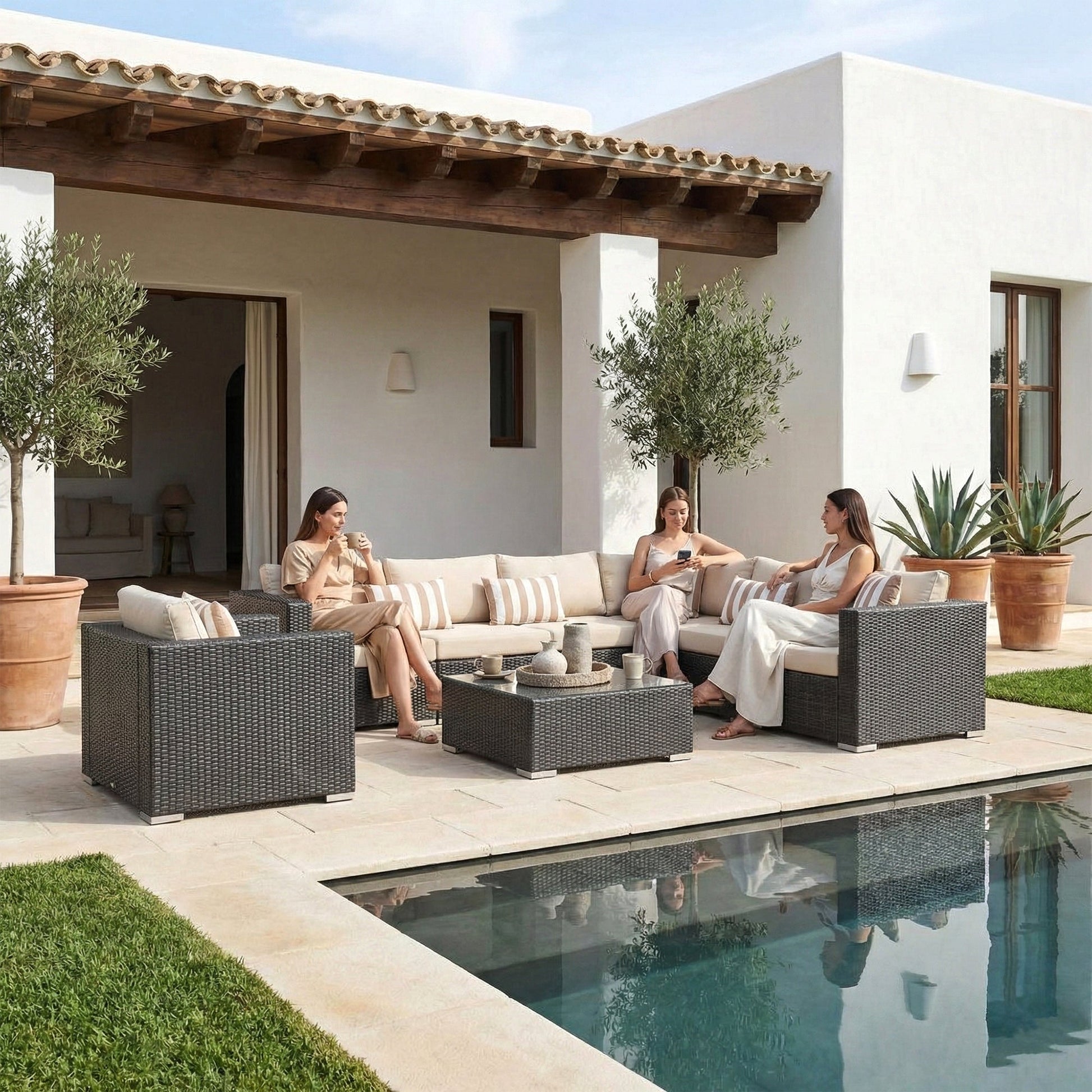 Torino Outdoor Garden Balcony Sofa Set 3 Seater, 2 Seater With 2 Single Seater and 1 Center Table With 1 Side Table Set (Brown)