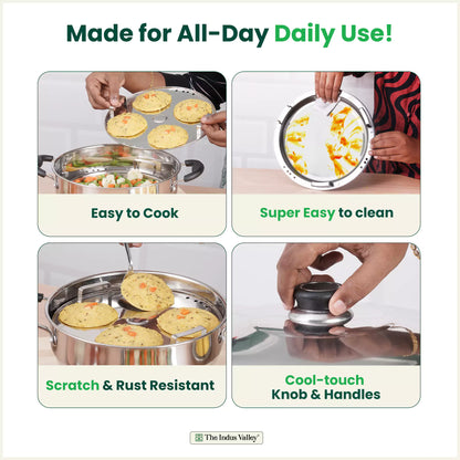 8 Pit Tri-Steel Multi Pot Premium Stainless Steel Idli/ Dhokla/ Momo Maker/ Veg Steaming Set, Tri-ply Induction Bottom, 5 Plates, 3L