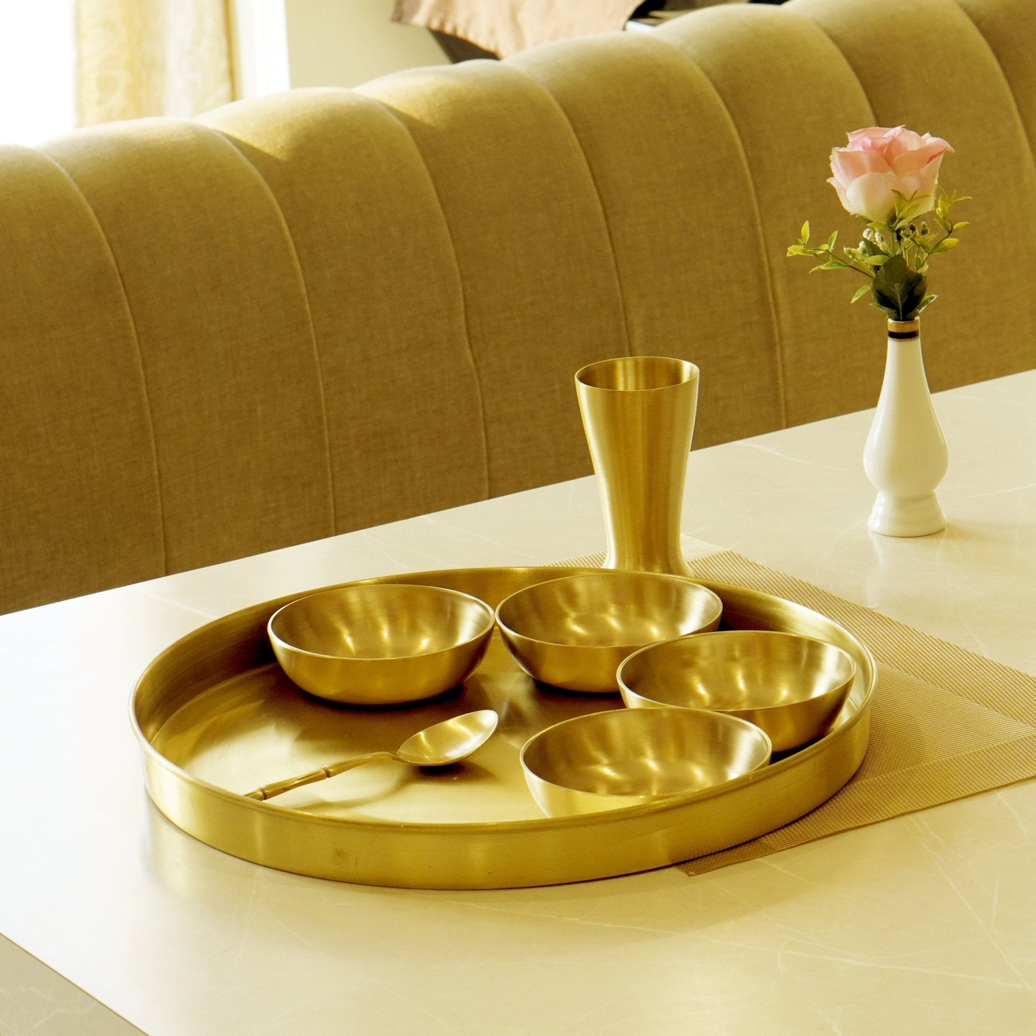 7 Pieces Brass Gujarati Thali Set Matte Finish