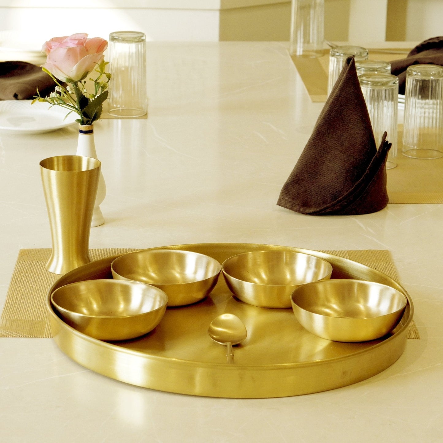 7 Pieces Brass Gujarati Thali Set Matte Finish