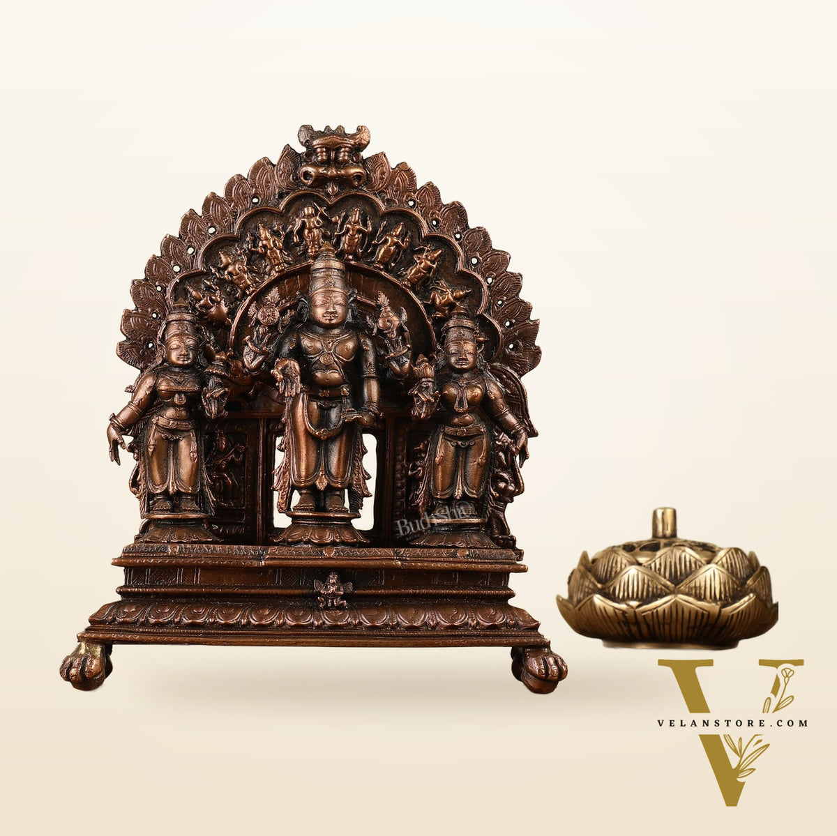 7" Pure Copper Tirupati Balaji with Bhudevi and Sridevi Dashavatar Arch Statue