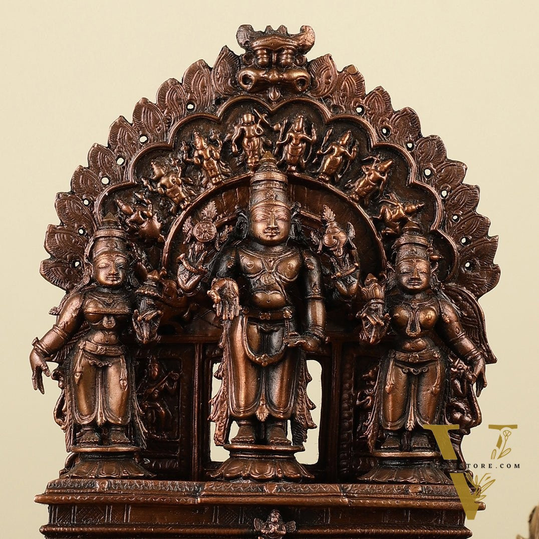 7" Pure Copper Tirupati Balaji with Bhudevi and Sridevi Dashavatar Arch Statue