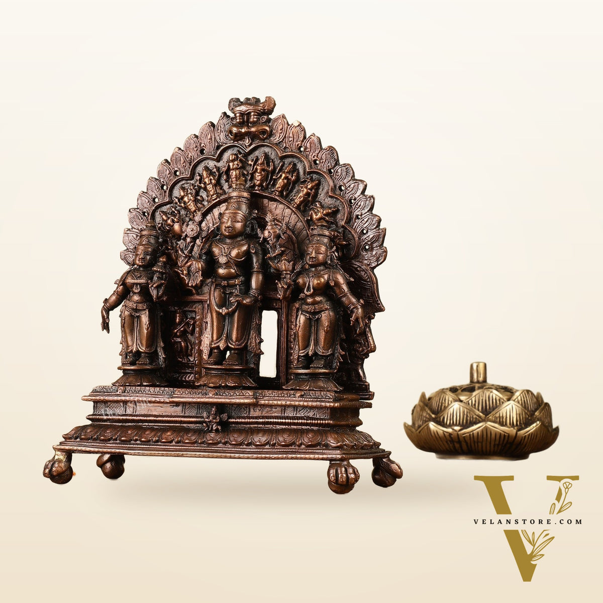 7" Pure Copper Tirupati Balaji with Bhudevi and Sridevi Dashavatar Arch Statue