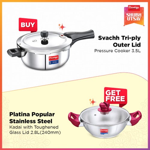 Prestige Svachh Triply Outer Lid Pressure Cooker 3.5 Litre Silver with Platina Popular Stainless Steel Impact Forged Bottom Kadai 24cm (2.8 L) Silver