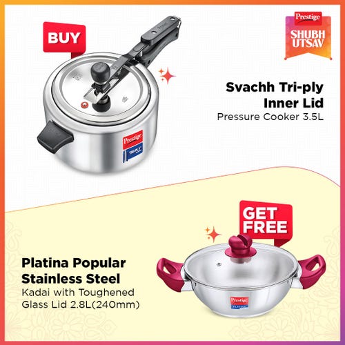Prestige 3.5 Litre Tri-Ply Svachh Inner Lid Pressure Cooker Gas & Induction Compatible Spillage Control Even Heat Distribution with Platina Stainless Steel Kadai 24cm (2.8 L) Silver