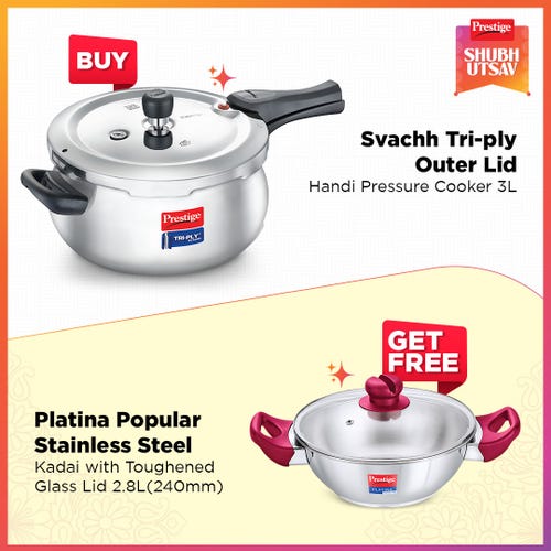Prestige Svachh Tri-Ply Handi Pressure Cooker 3 Litre Silver with Platina Popular Stainless Steel Impact Forged Bottom Kadai 24cm (2.8 L) Silver