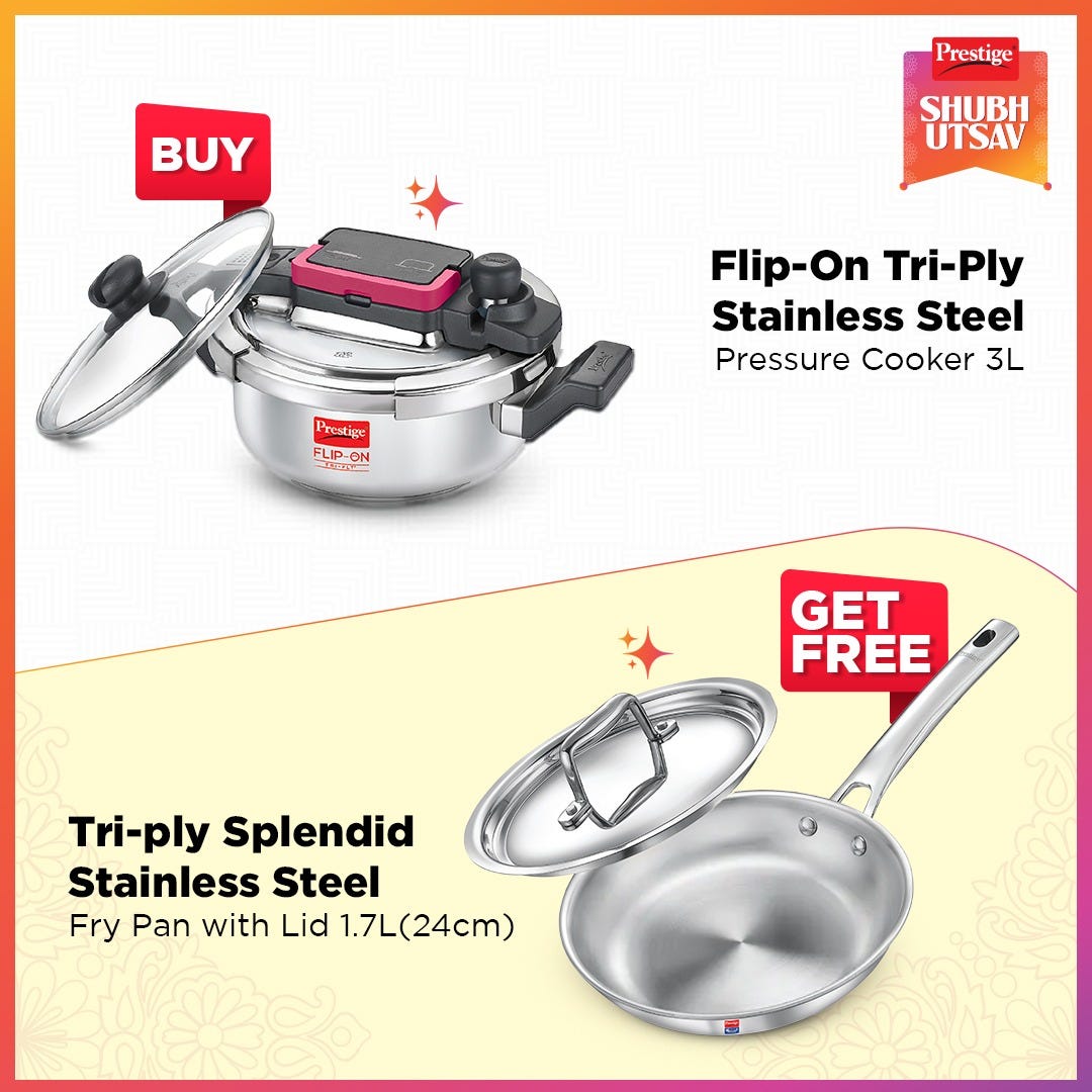 Prestige Flip-On Tri-Ply Stainless Steel Pressure Cooker 3L 220m with Glass Lid, 24cm 1.7L Tri-Ply Stainless Steel Splendid Fry Pan with Lid Gas &amp; Induction Compatible