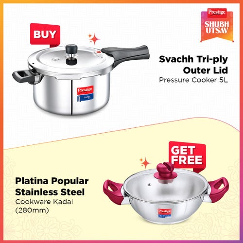 Prestige Svachh Triply Outer Lid Pressure Cooker 5 Litre Silver with Platina Popular Stainless Steel Impact Forged Bottom Kadai 28cm (4.6 L) with Toughened Glass Lid Silver