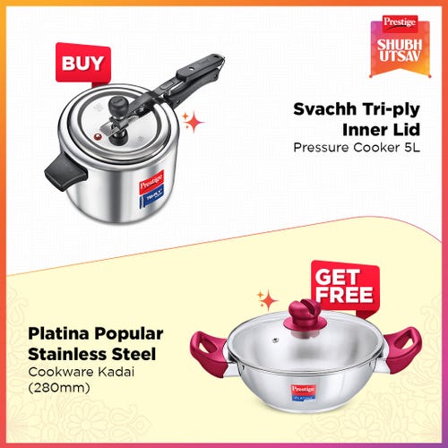 Prestige 5 Litre Tri-Ply Svachh Inner Lid Pressure Cooker Gas & Induction Compatible Spillage Control Even Heat Distribution with Platina Stainless Steel Kadai 28cm (4.6 L) with Glass Lid Silver