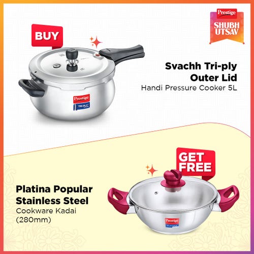 Prestige Svachh Tri-Ply Handi Pressure Cooker 5 Litre Silver with Platina Popular Stainless Steel Impact Forged Bottom Kadai 28cm (4.6 L) with Toughened Glass Lid Silver
