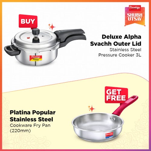 Prestige Deluxe Alpha Svachh Stainless Steel Spillage Control Pressure Cooker, 3 L (Silver), Prestige Platina Popular Stainless Steel Unique Impact Forged Bottom Fry Pan 22cm (1.9 L) (Silver)