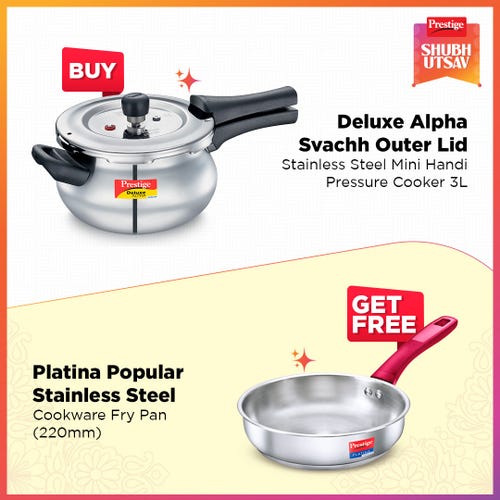 Prestige Deluxe Alpha Svachh Stainless Steel Mini Handi Pressure Cooker 3L Silver with Platina Popular Stainless Steel Fry Pan 22cm (1.9 L) Impact Forged Bottom Silver