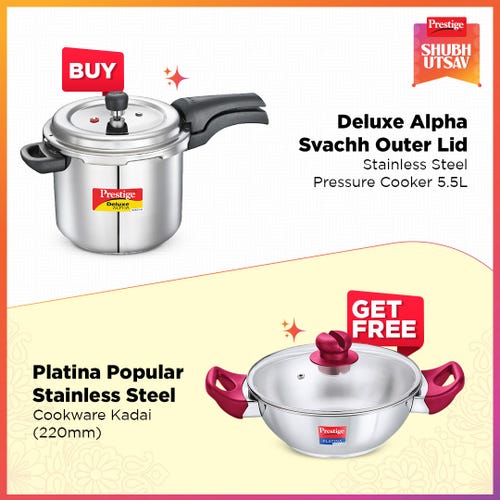 Prestige Deluxe Alpha Svachh Stainless Steel Pressure Cooker 5.5L Silver with Platina Popular Stainless Steel Kadai 22cm (2.25 L) with Toughened Glass Lid Silver