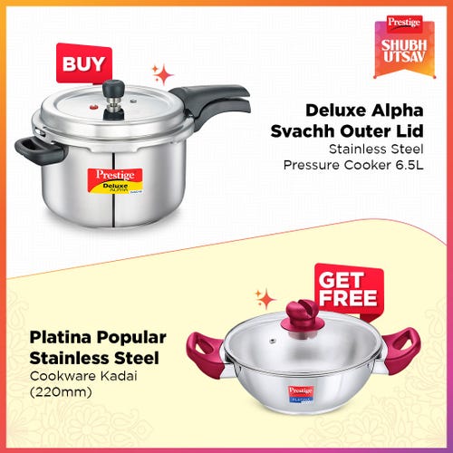 Prestige Deluxe Alpha Svachh Stainless Steel Pressure Cooker 6.5L Silver with Platina Popular Stainless Steel Kadai 22cm (2.25 L) with Toughened Glass Lid Silver