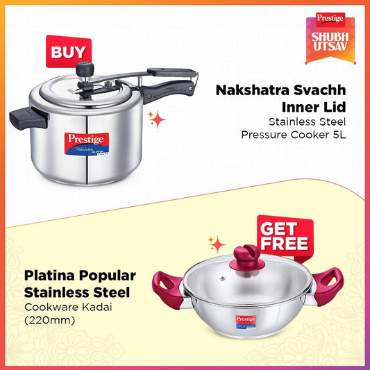 Prestige Nakshatra Alpha Svachh Stainless Steel Pressure Cooker 5L Silver with Platina Popular Stainless Steel Kadai 22cm (2.25 L) with Toughened Glass Lid Silver