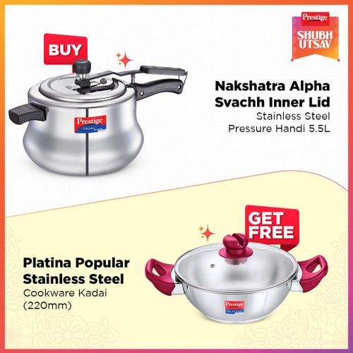 Prestige Nakshatra Alpha Svachh Stainless Steel Handi Pressure Cooker 5.5L Silver with Platina Popular Stainless Steel Kadai 22cm (2.25 L) with Toughened Glass Lid Silver