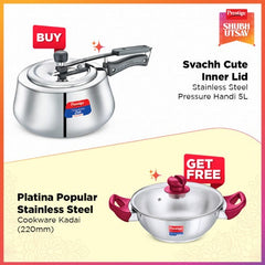 Prestige Nakshatra Cute Svachh Stainless Steel Pressure Cooker 5L Silver with Platina Popular Stainless Steel Kadai 22cm (2.25 L) with Toughened Glass Lid Silver