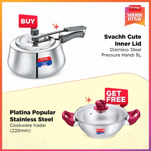 Prestige Nakshatra Cute Svachh Stainless Steel Pressure Cooker 5L Silver with Platina Popular Stainless Steel Kadai 22cm (2.25 L) with Toughened Glass Lid Silver