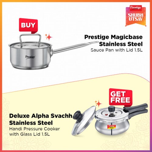 Prestige Magicbase 16cm/1.5L Stainless Steel Sauce Pan with Lid| Tri-Ply Bottom| Induction & ISI Certified, with Deluxe Alpha Svachh 1.5L SS Handi Pressure Cooker (Silver)