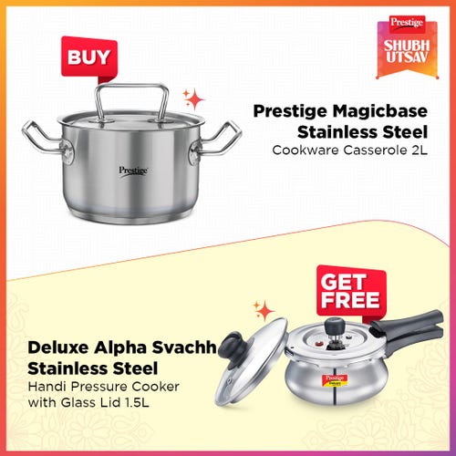 Prestige 16cm/2L Magicbase Stainless Steel Casserole with Lid| Tri-Ply Bottom| Induction & ISI Certified, with Deluxe Alpha Svachh 1.5L SS Handi Pressure Cooker (Silver)