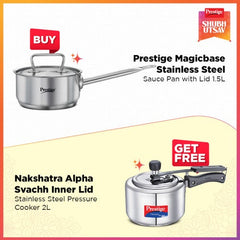 Prestige Magicbase 16cm/1.5L Stainless Steel Sauce Pan with Lid| Tri-Ply Bottom| Induction & ISI Certified, with Nakshatra Alpha Svachh 2L SS Spillage Control Pressure Cooker (Silver)